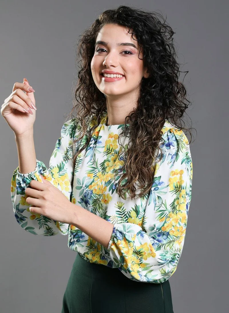 Zigzag  Yellow Floral Elastic Sleeve Top for Women | Best Price UAE